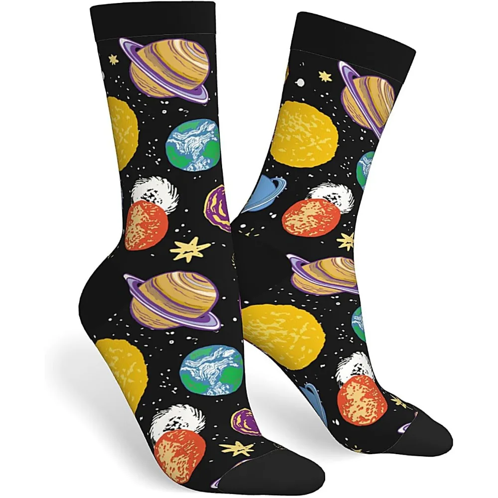 

Cool Planets Pattern Crew Socks! Colorful Solar System Design on Black Background. Soft and Durable, Ideal for Space Fans