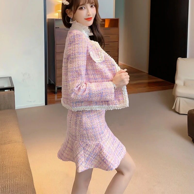 Spring Autumn Small Fragrance Tweed Two Piece Set Women Short Jacket Coat Crop Top+ Skirt Suits Korean 2 Piece Sets Women Outfit