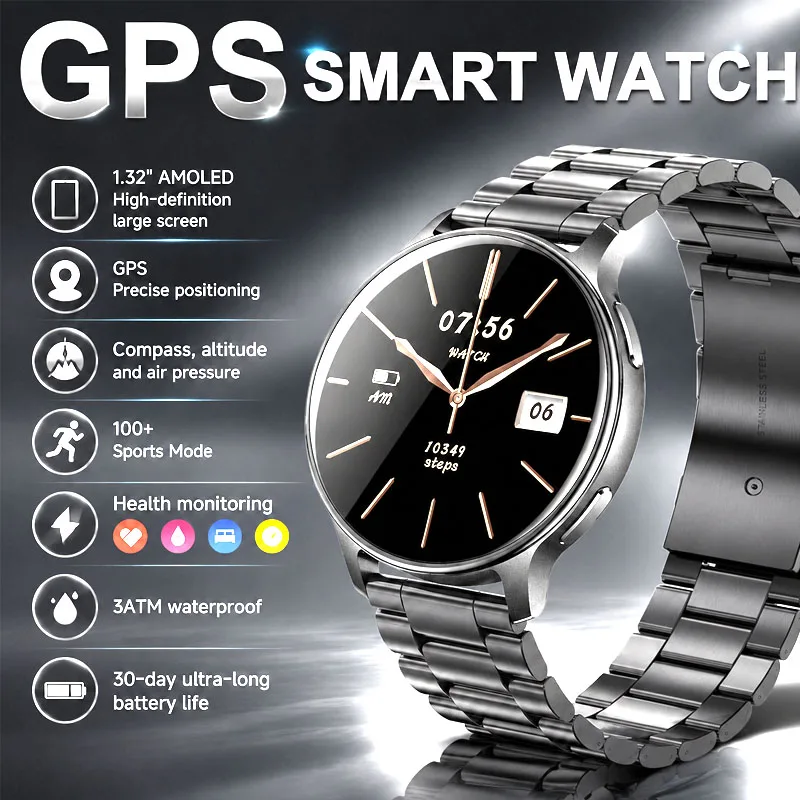 New Smart Watch 1.32" GPS Sport Mode Compass Voice Assistant Health Monitor Waterproof Weather Wireless Call 450mAh Smart Watch