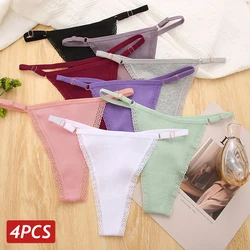 4PC Sexy Lace Panties For Women Cotton Low Rise G-String Thongs Adjustment Clasp Waist Female Breathable Underwear Soft Lingerie
