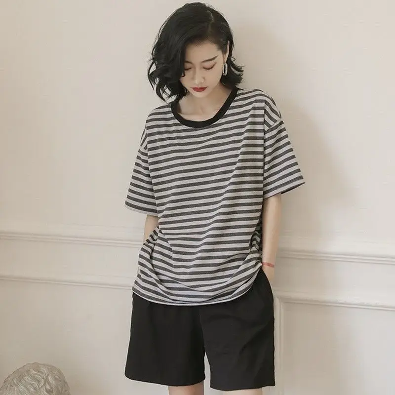 Pajama Sets Women Japan Style Short Sleeve Ins Striped Tops Simple Loose Shorts Students Nightwear 2 Pcs Summer Leisure Clothes