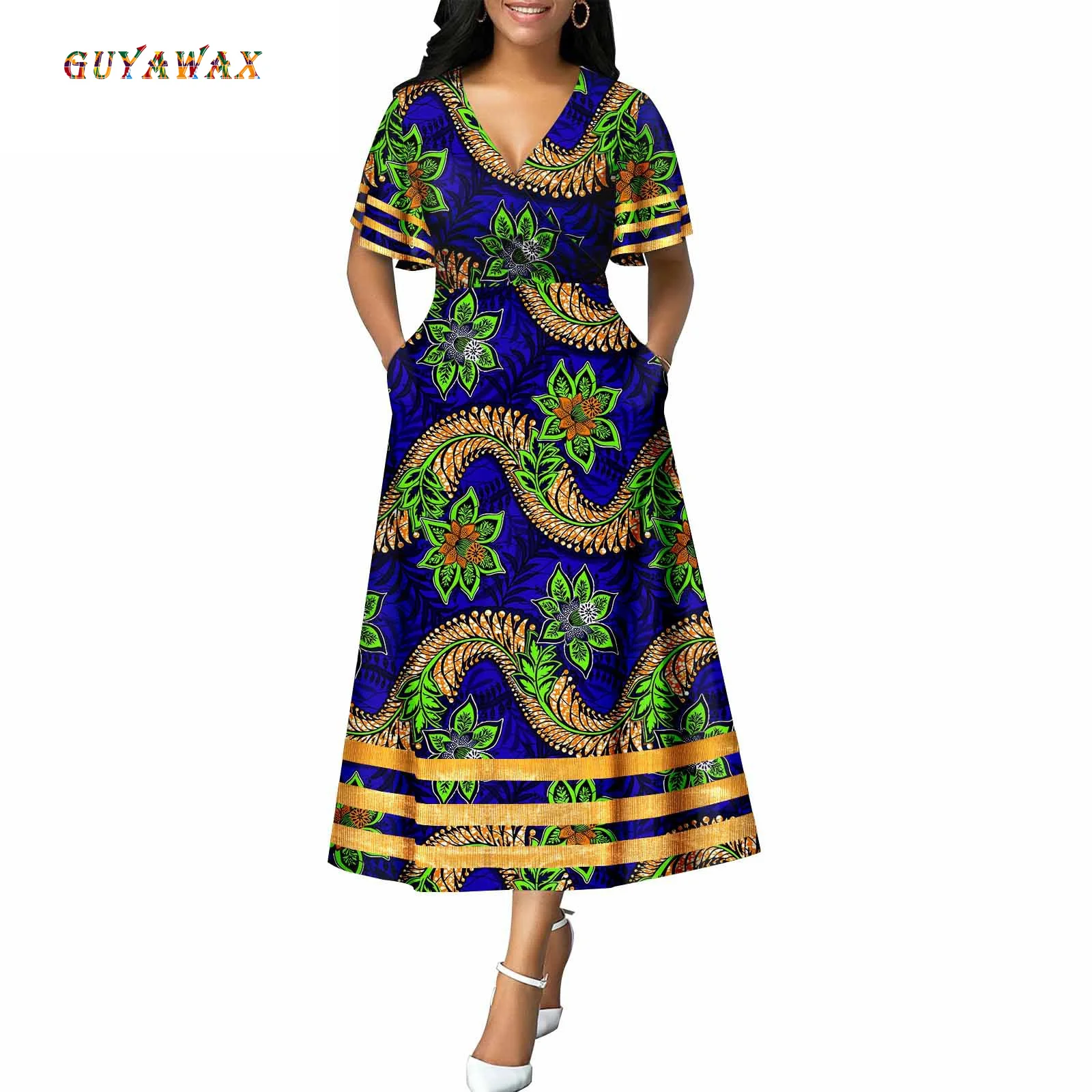 African Dresses for Women Short Sleeve High Waist Embroidery Maxi Dress Print Attire Dashiki Outfits Elegant Fashion Plus Size