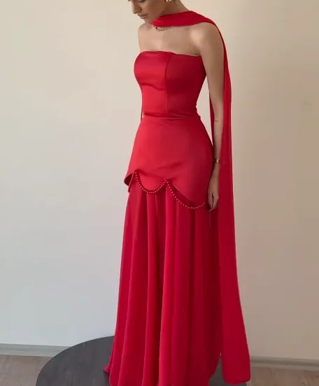 A-Line Red Evening Dress Saudi Arabia Women's Formal  Prom Dresses Strapless Sleeveless Request Party Wedding Dress gala 2025