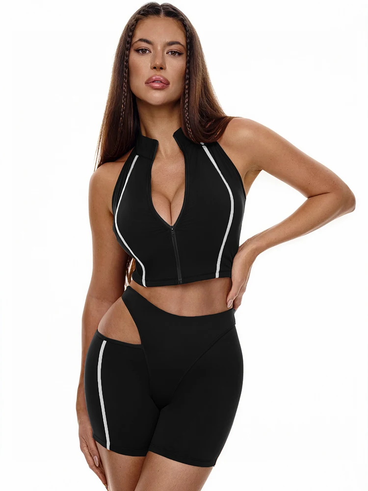 

Kliou Lines Patchwork 2 Piece Set Woman Zip Stand Collar Navel Exposed Tank Tops+Hollow Design Shorts Casual Sporty Style Suits