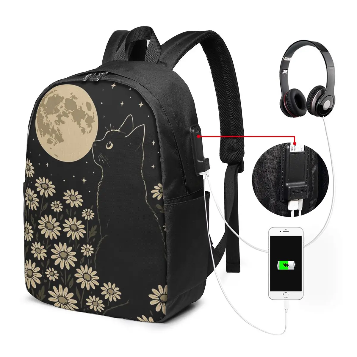 Vintage Cat And Flower Under The Moon Backpack Travel Notebook Bag Computer College Student School Bag Laptop Shoulder Bags