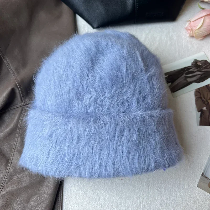 2024 Fashion Rabbit Fur Y2k Beanies Women Soft Warm Fluffy Angola Winter Knitted Hat Female Plush Windproof Bonnet Skullies Cap