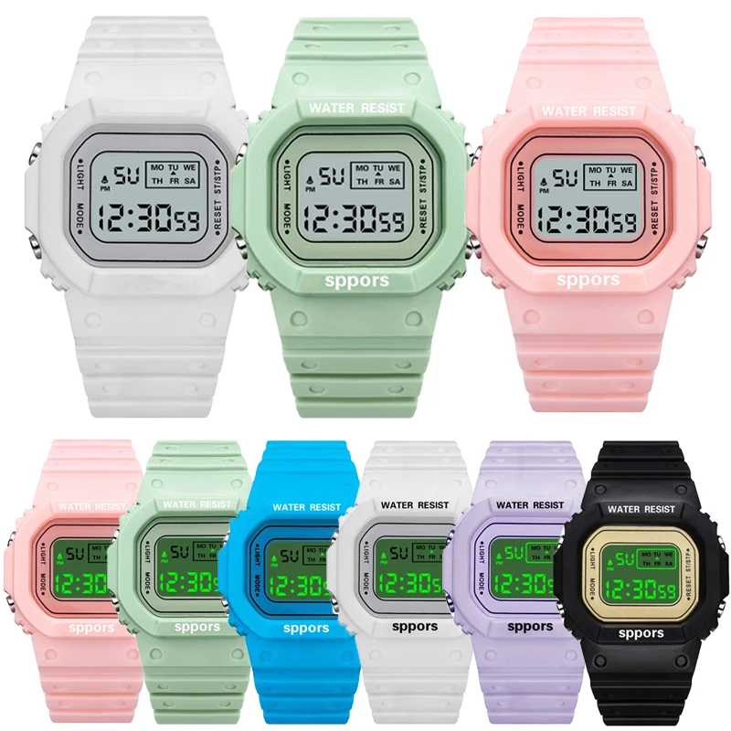 2021 Women\'s Simple Digital Luminous Electronic Watch Unisex Kids Square Watch Sports Student Waterproof Watch Set Alarm