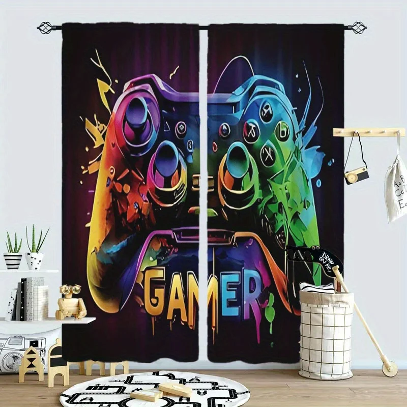 Dual Gaming Curtains 2pcs Pop Art Controller Decor Window Panel for Gamer Room Video Game Aesthetic Curtain Set