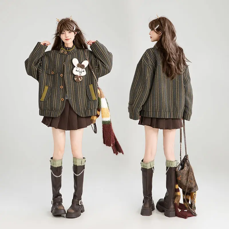 MINISO Retro Fashion Warm Jacket Cotton Jacket Autumn/Winter Design Sense Stand up Collar Striped Coat