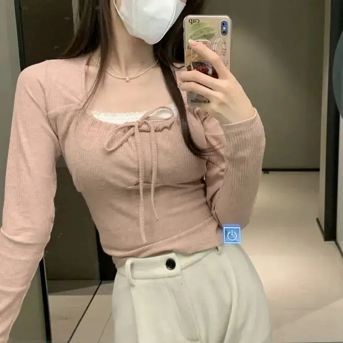 包帯折りスクエアカラークロップトップ女性 y2k ホワイト Tシャツベーシックニットエレガント Tシャツヴィンテージ 2000 年代の服