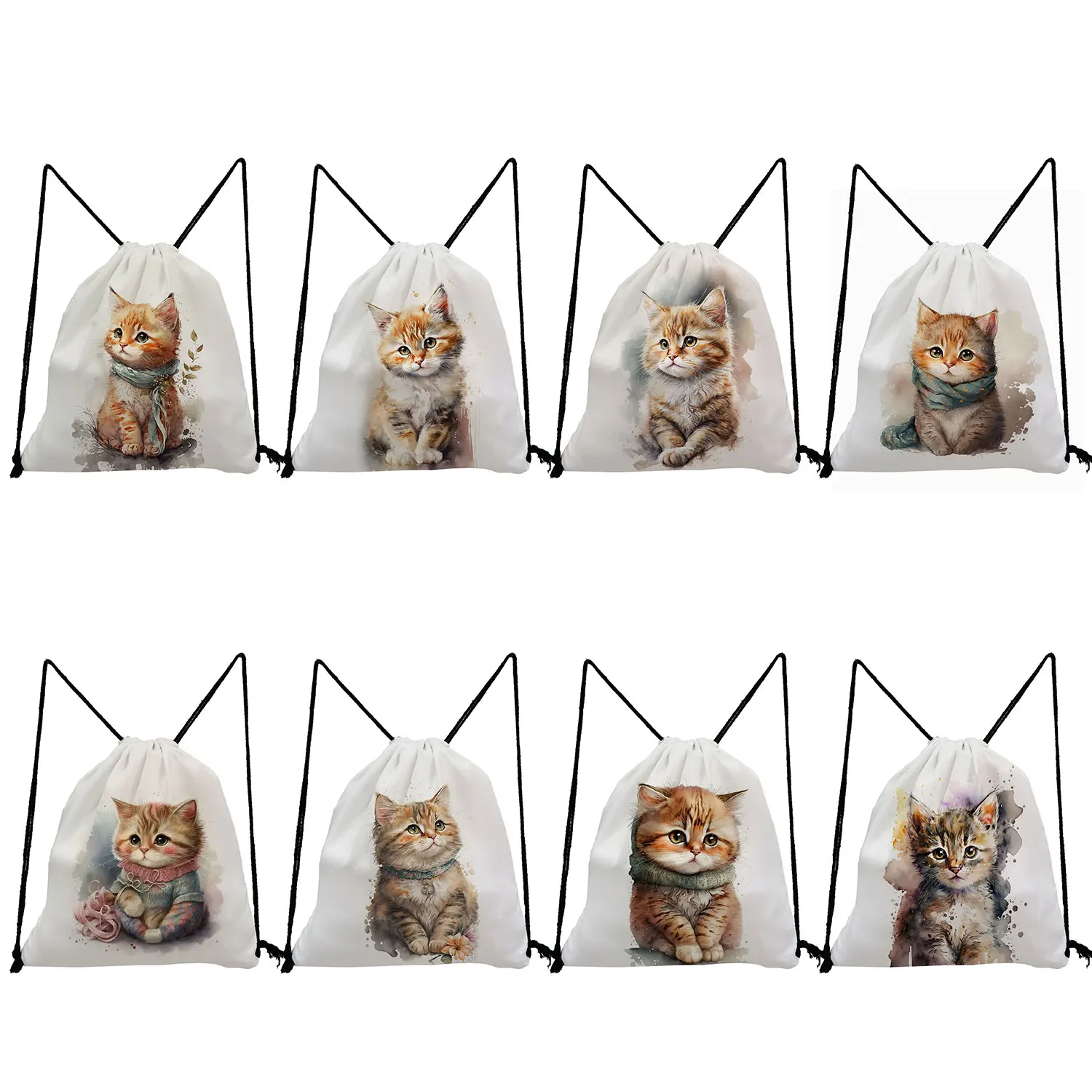 Watercolor Painting Cute Cat Backpacks Cartoon Animal Printed Child Student School Bag Practical Teenager Girls Drawstring Bags