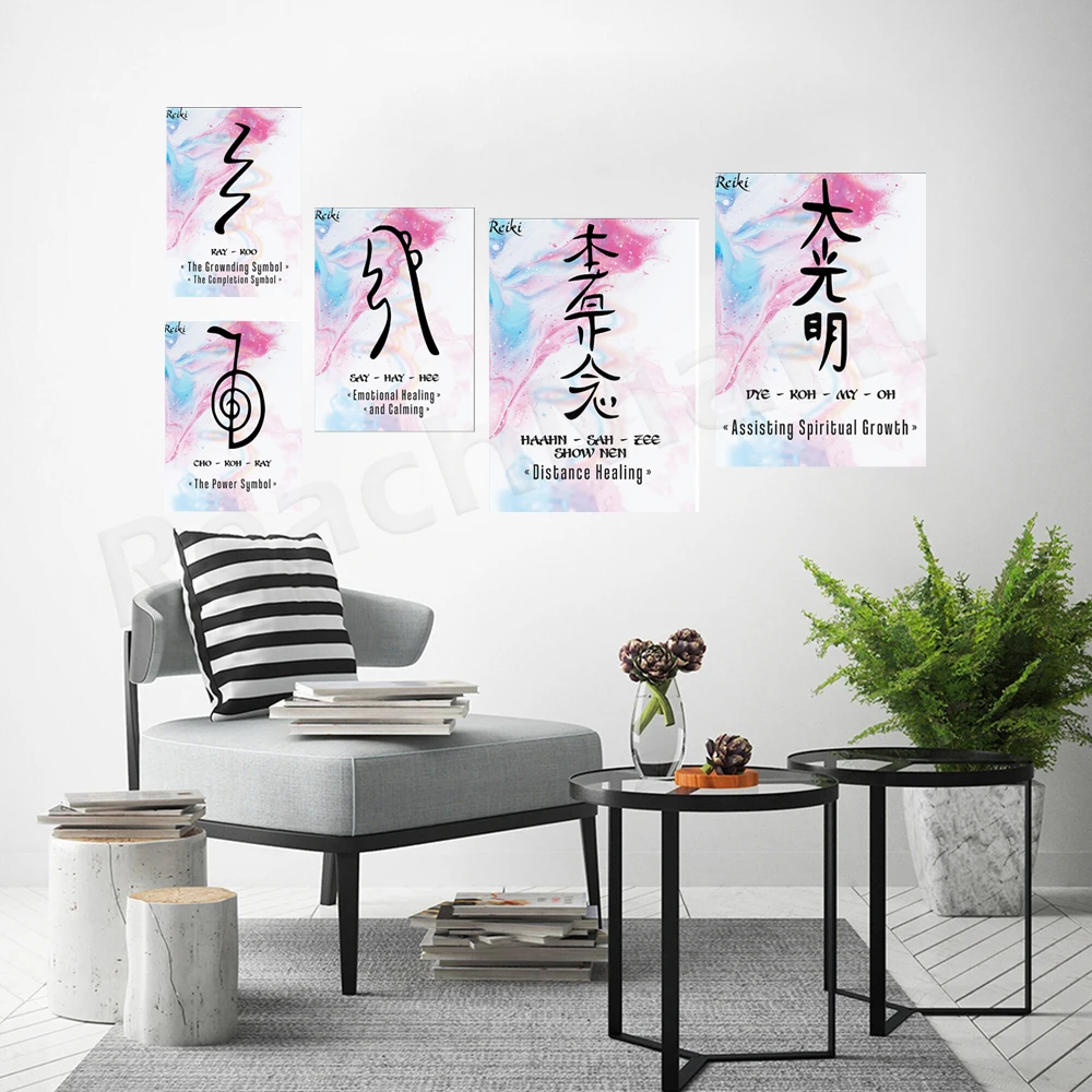 Reiki symbols, reiki principles, reiki chakra healing meditation, energy healing, spirituality, reiki decoration poster