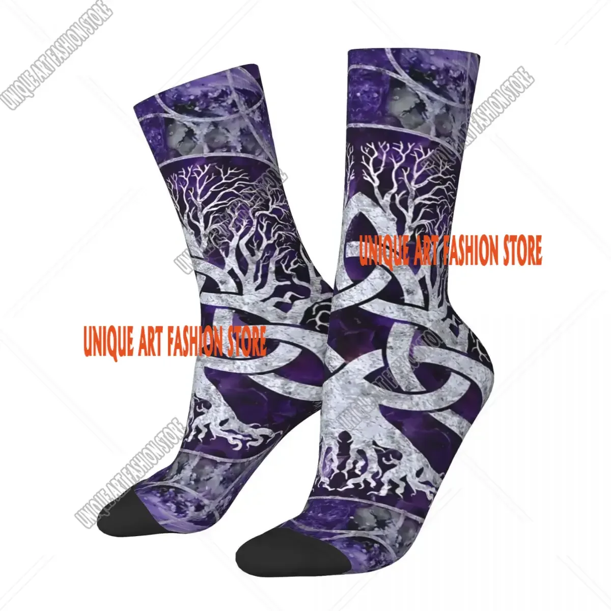 Tree Of Life With Triquetra Amethyst And Silver Men's Socks Retro Harajuku Street Style Novelty Seamless Crew Sock