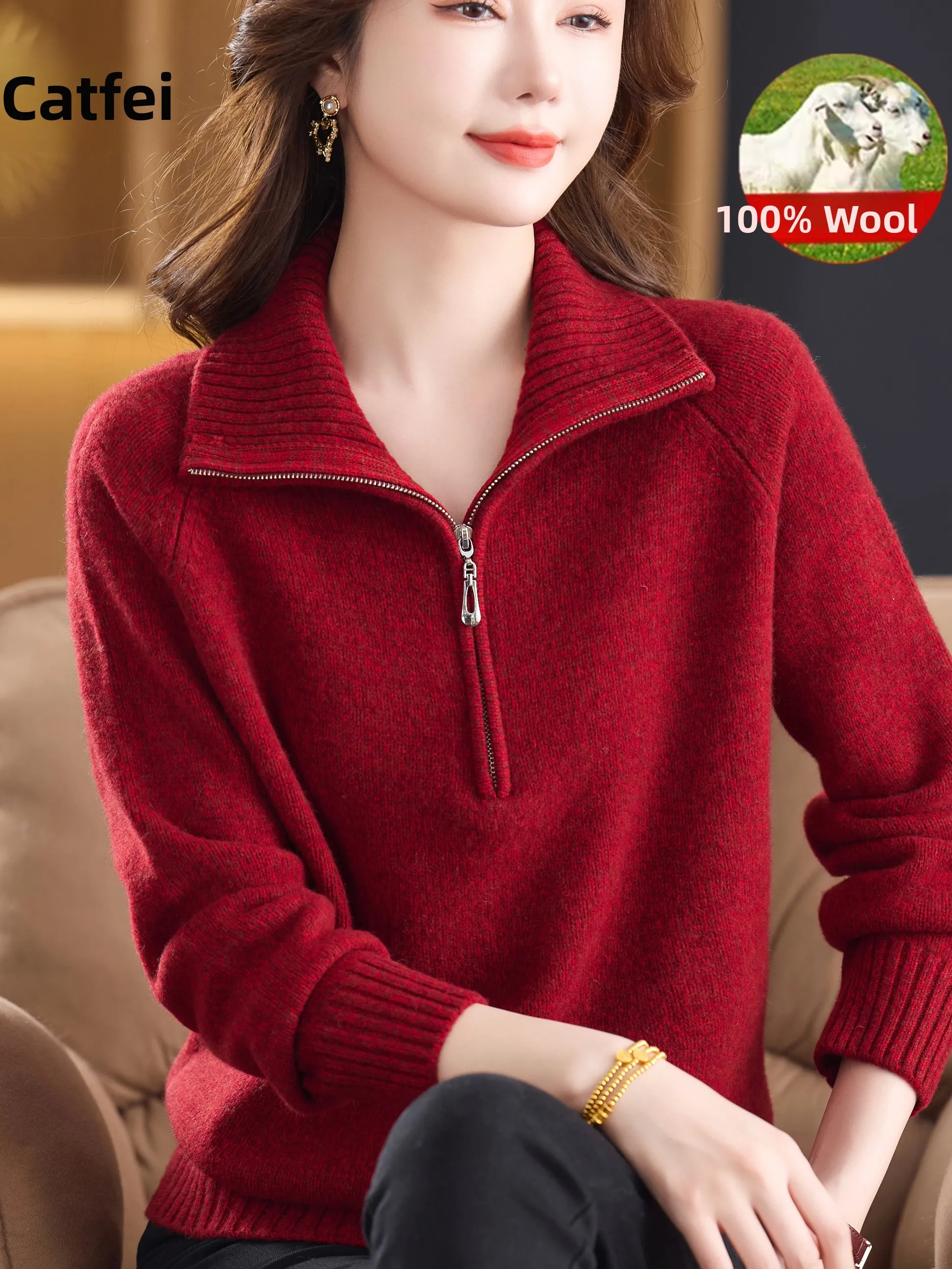 

Autumn Winter Women's Loose Fit Woolen Knitwear f Zipper Casual Long Sve Thermal Top Resin Color Fixing Straight Cut