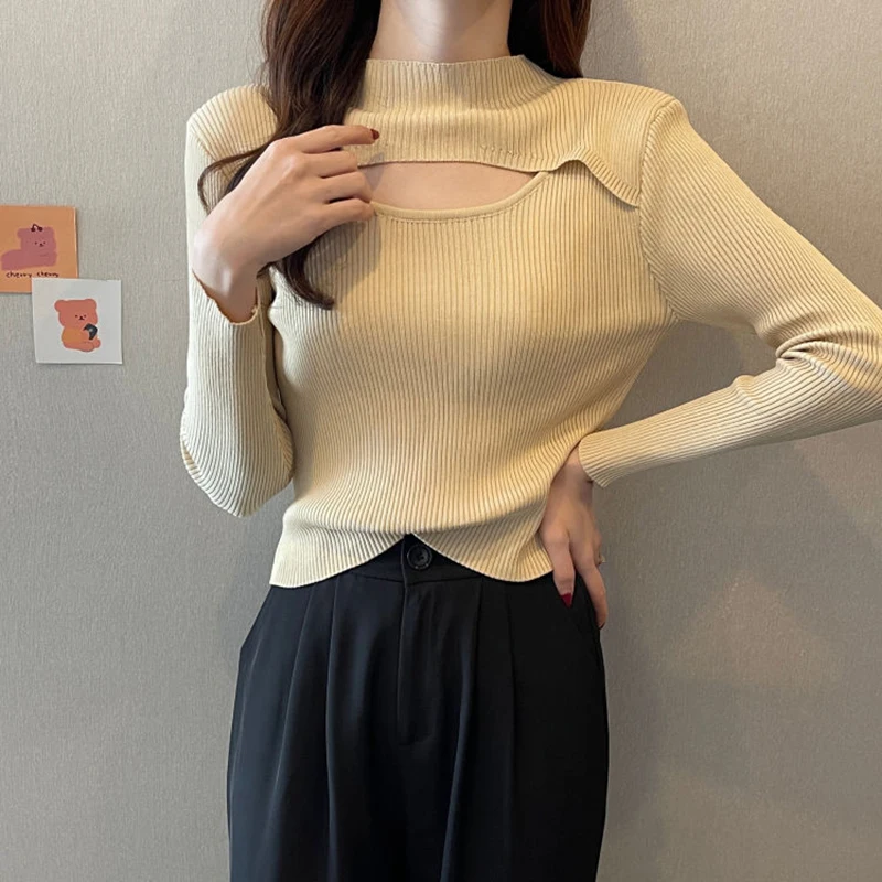 Autumn Half Turtle Neck Knit Sweaters Women Y2K Sexy Hollow Out Long Sleeves Slim Pullover Female Simple Solid All-match Jumper