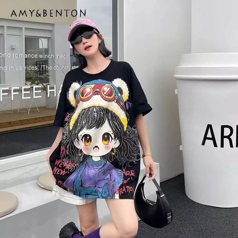 

New Autumn Fashion Brand Tees Heavy Craft Rhinestone Girls' Cotton Round-neck Short-sleeved T-shirts Loose Oversized Top Female