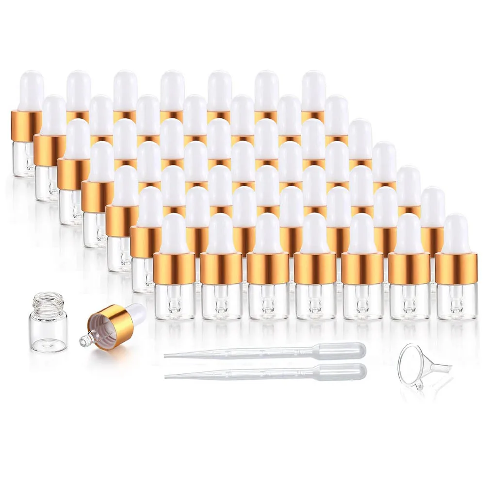 50pcs 1ml Essential Oil Dropper Bottles for Travel, Clear Empty Vails for Cosmetic Perfume Aromatherapy with Funnel and Pipette
