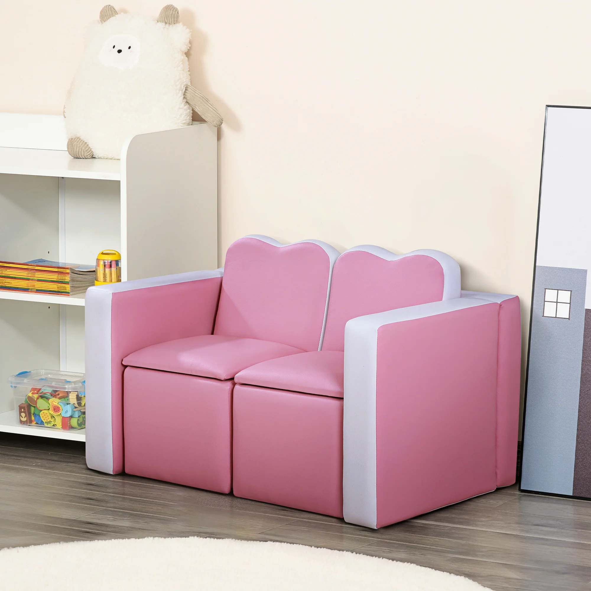 Kids Leather Sofa Armchair Multi-functional Table Chair Set Storage Pink