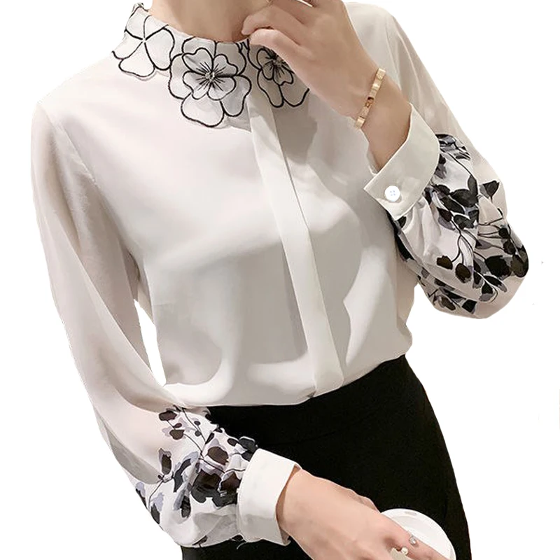 2023 Spring Summer New Petal collar Women Chiffon shirt Long sleeve Floral printed top Fashion Office lady blouse