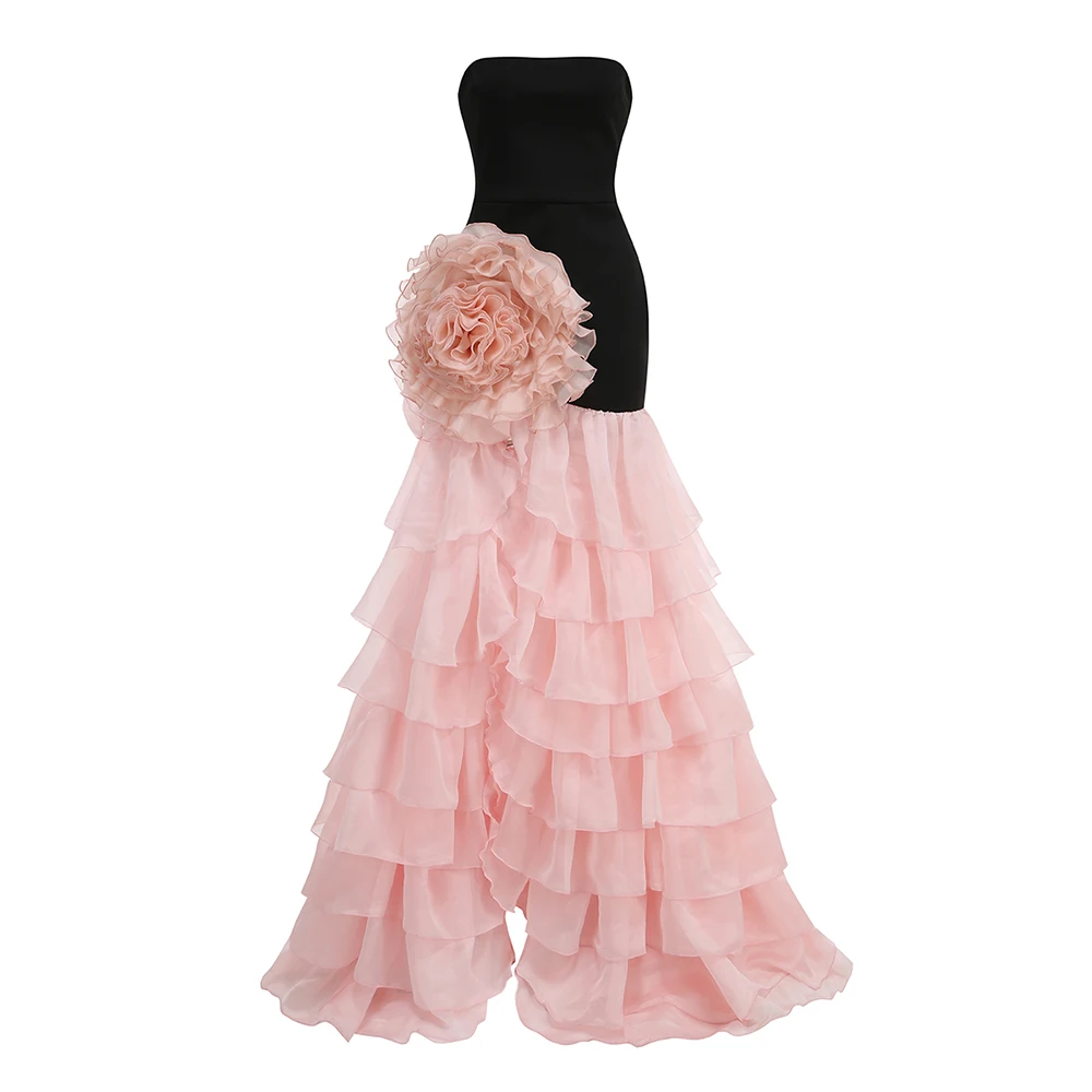 

Fashionable Strapless 3D Floral Maxi Dress Pink Tiered Ruffle Chiffon Gown for Romantic Dinner Date and Vintage Theme Parties