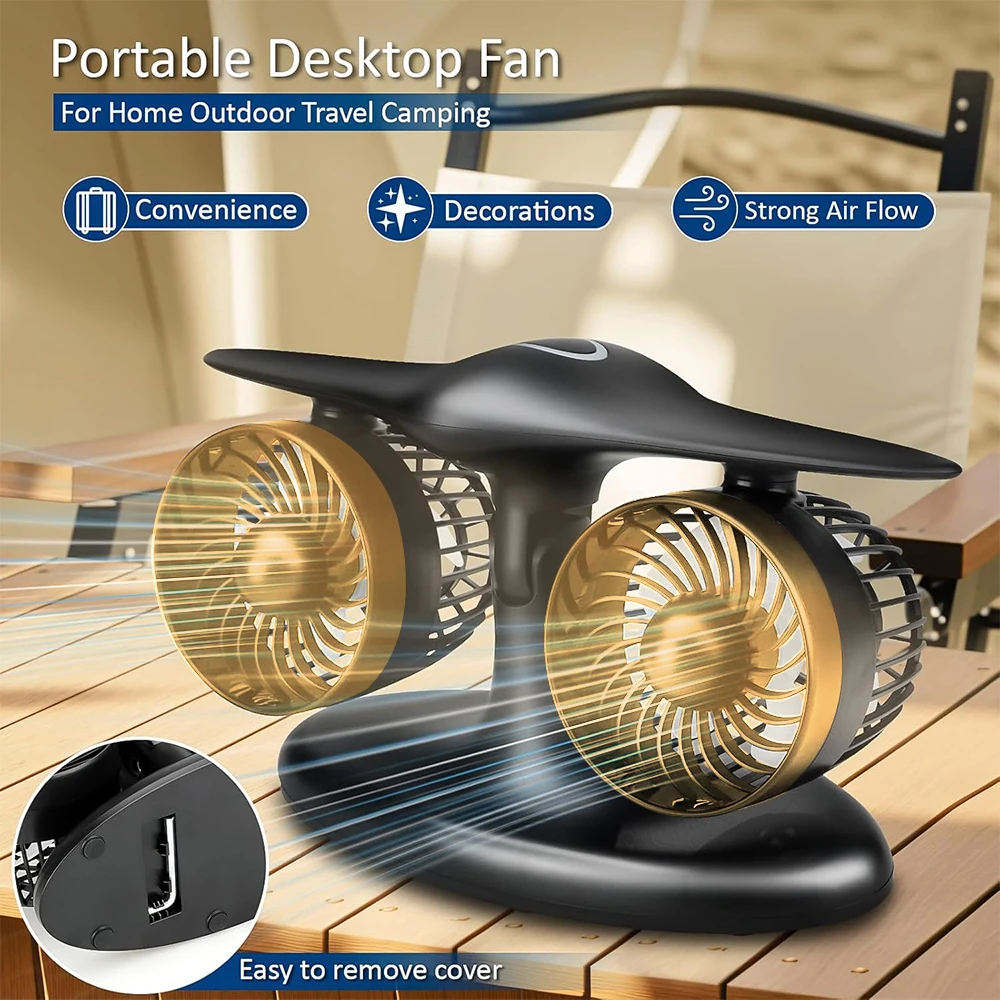 

Portable Desktop Fan 3-Speed Dual-Head Camping Fan 8000mAh USB Rechargeable Car Cooling Fan Whisper-Quiet Table Fan for Bedrooms