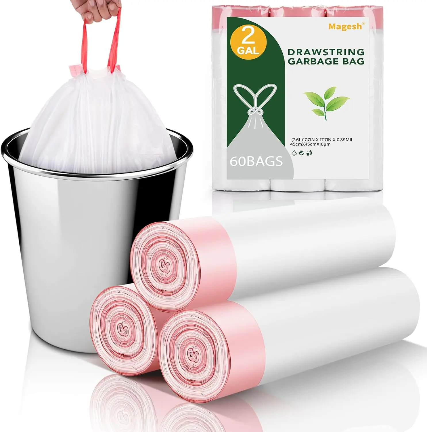 

60 Count 2 Gallon Drawstring Trash Bags - White Small Garbage Bags for Bathroom Kitchen Office Car