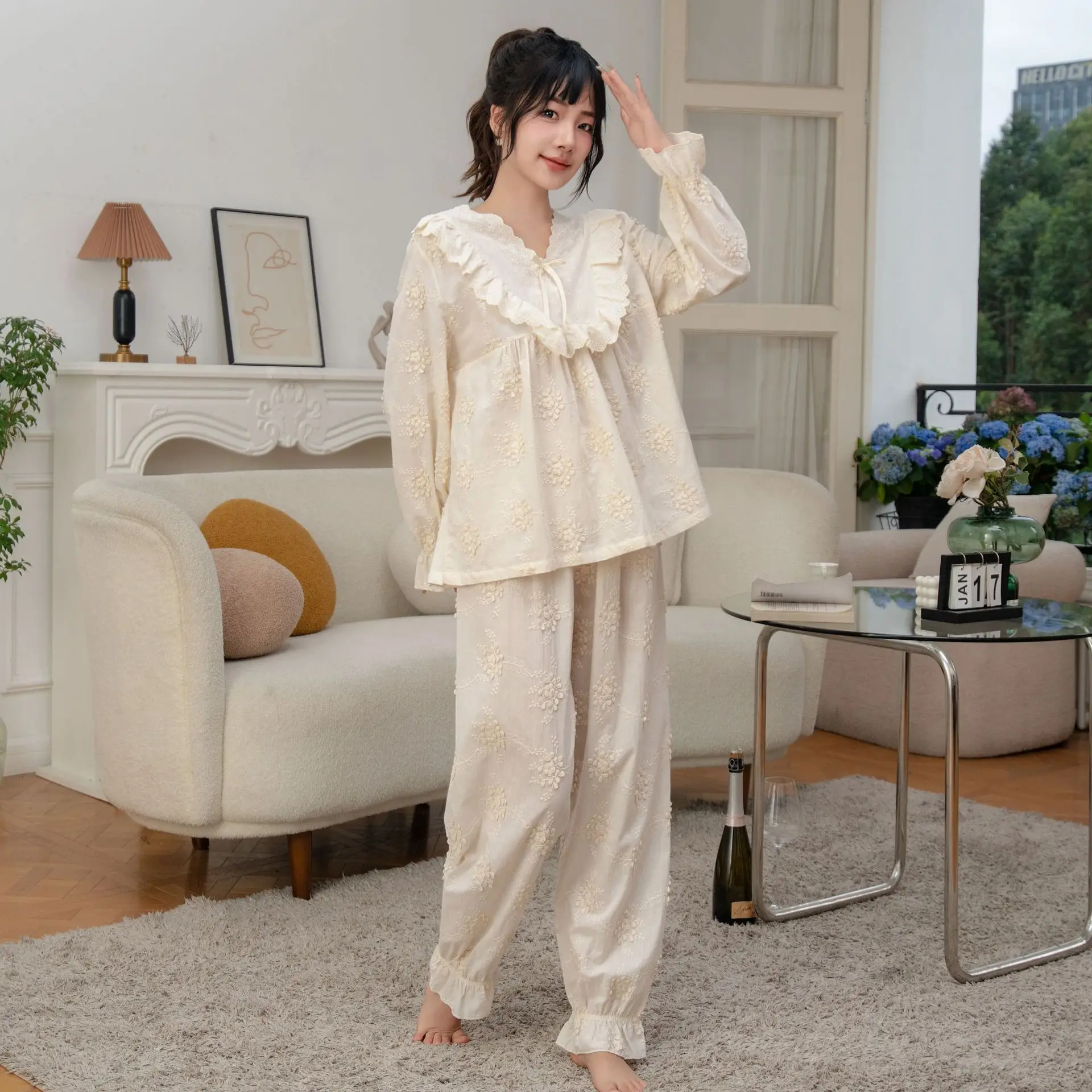 

Women's Lolita Dots Pajama Sets.Stringy selvedge Tops+Long Pants.Vintage Ladies Dot Pyjamas Set.Victorian Sleepwear Loungewear