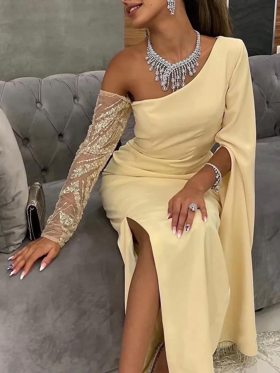 Saudi Arabia Women\'s Prom Dresses Tassel Evening Dress Knee-Length Satin Sequins Tulle Long Sleeves Slit Party Yellow Dress