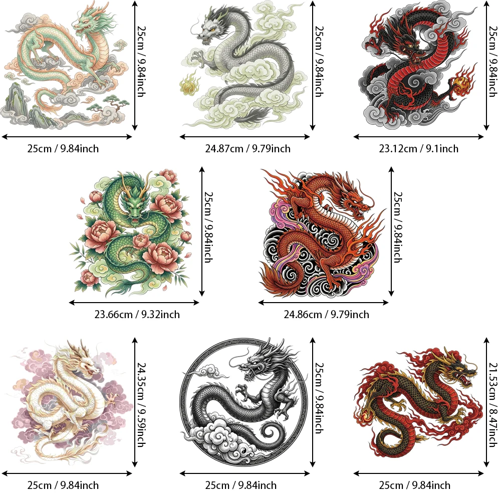 8 ink wash dragon heat transfers, gradient cloud base for Chinese tea robes, dry clean & wrinkle resistant