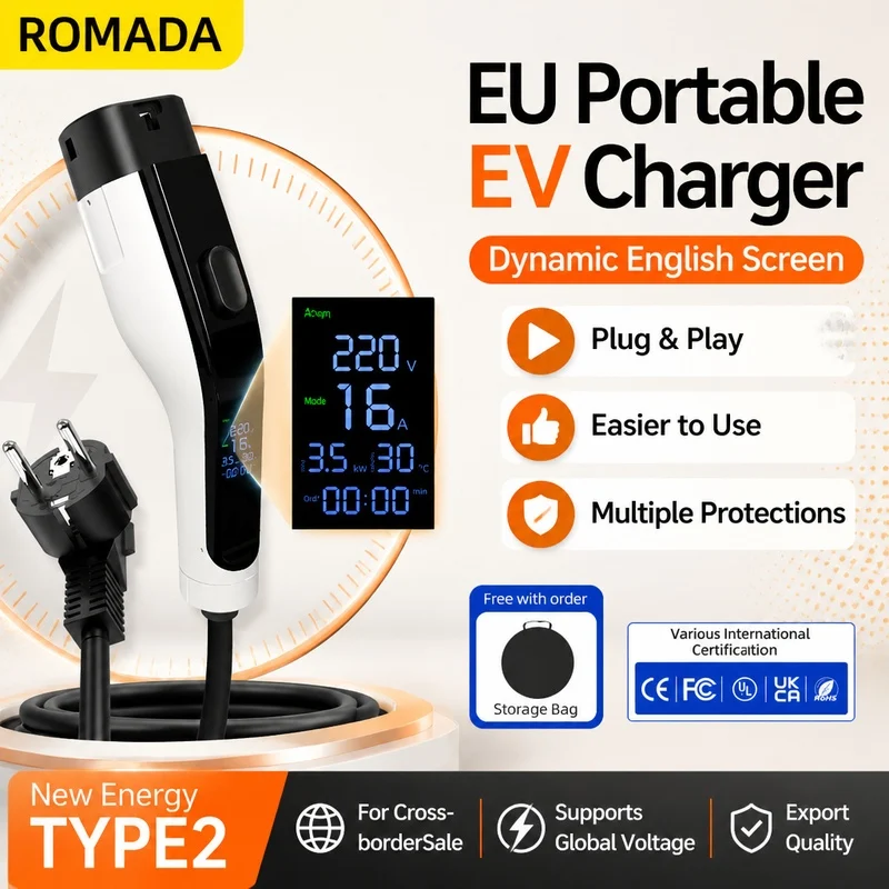 8/10/13/16A Adjustable Current 3.5KW Portable Electric Vehicle Charger 3M 5M 10M 15M 20M Cable TYPE2 EU Plug Digital Display