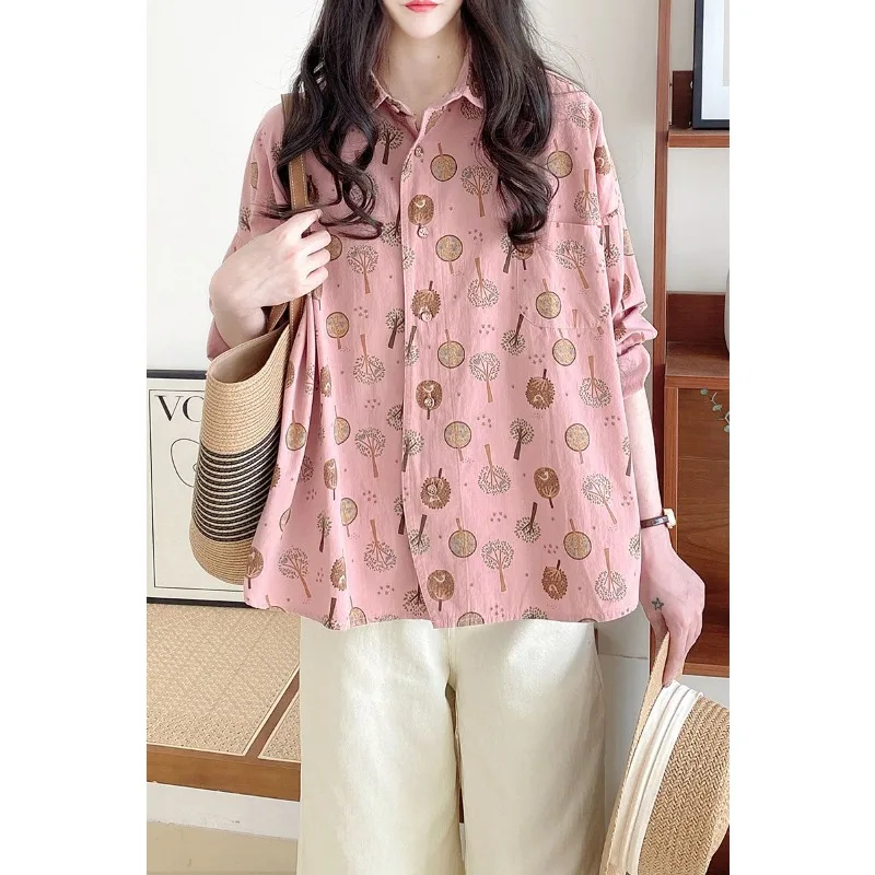 

Doll Collar Shirt 2025 New Loose Harajuku Style Leaves Graffiti Floral Long Sleeve Button Cardigan Women's Top