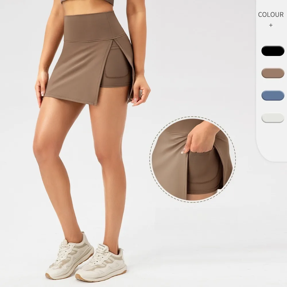 Ladies 2-in-1 Quick Dry Tennis Skort High Waist Side Split Anti-Exposure Yoga Fitness Running Sports Short Skirt