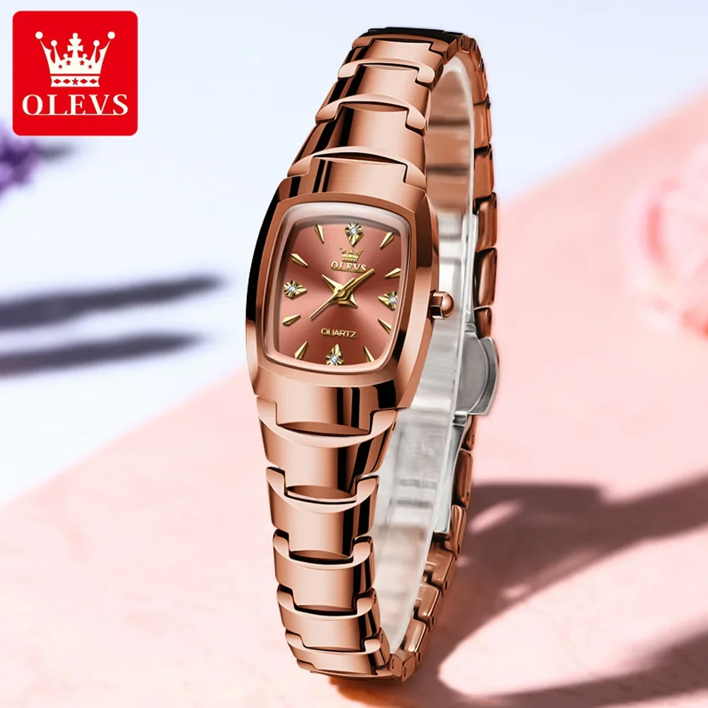 OLEVS 7006 Luxury Quartz Watches For WomenTungsten steel Strap Waterproof  Ladies Wristwatch Calendar Tonneau Dial Sports Watch