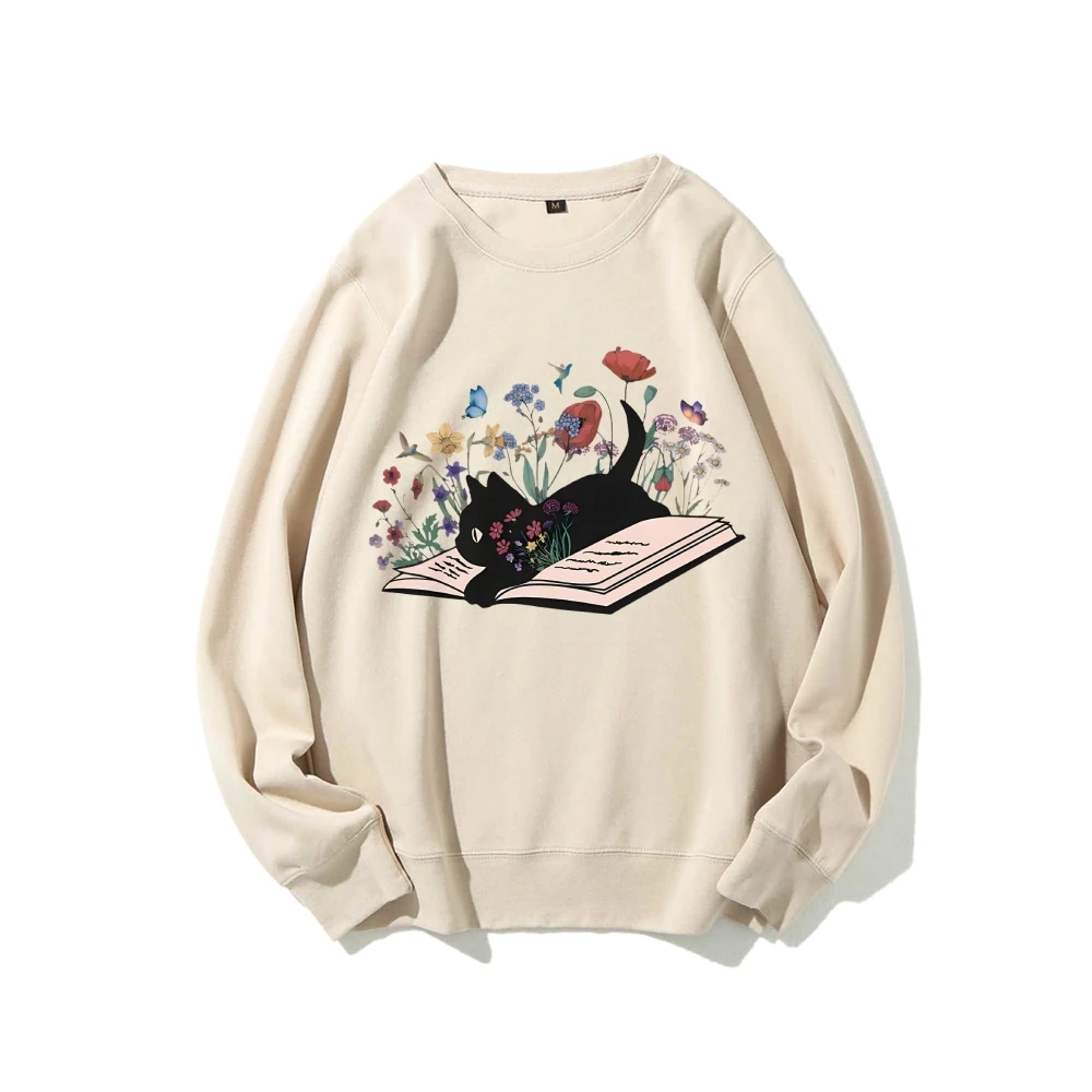 Cute Book Floral Black Cat Casual Crewneck Sweatshirt  Cat Lover Gift Women’s Autumn Winter Pullovers Comfort Long Sleeve Shirt