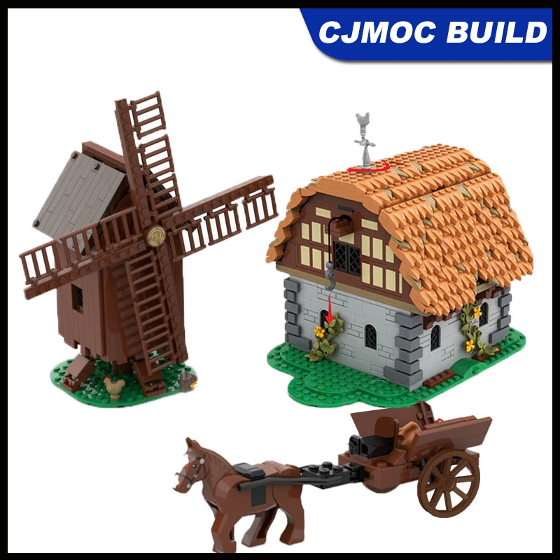 

1723 шт. MOC Mill Village Raid Архитектурные кирпичи Модель Средневековый деревенский дом Ветряная мельница Строительный блок Сборка игрушек MOC-186596