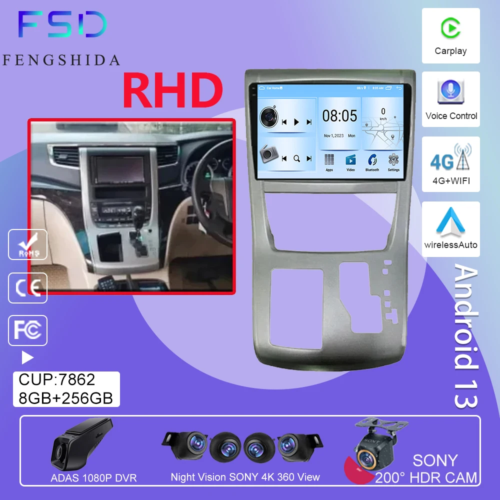 Android For TOYOTA Alphard 20 Series Vellfire 2008-2014 RHD Car Radio Multimedia Player Navigation GPS Carplay Head Unit No 2din