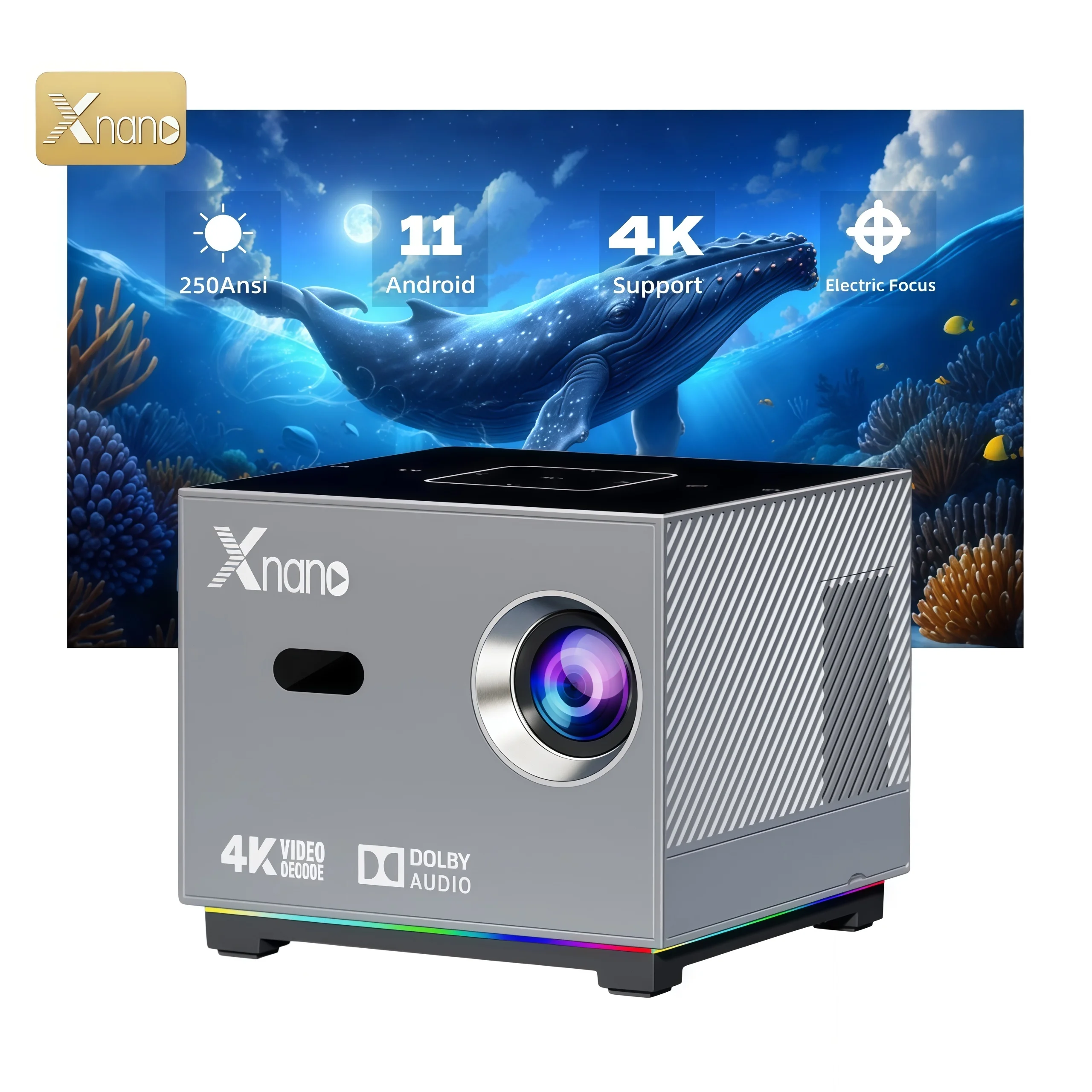 Xnano X3 Android 11 Projector 250ANSI Native 720P WiFi RGB Light Effect Auto Focus 4-Point Keystone Mini Portable Beamer