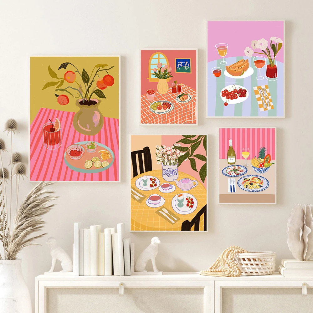 Colorful Cartoon Food Kitchen Print Canvas Posters Cozy Tea Time Pasta Picnic Bliss Wall Art Painting Home Decor Canvas Murals