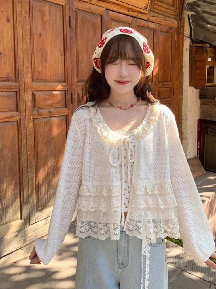 

Милый кружевной вязаный кардиган, женский осенний новый прозрачный тонкий свитер на шнуровке, пальто, модный шикарный укороченный топ