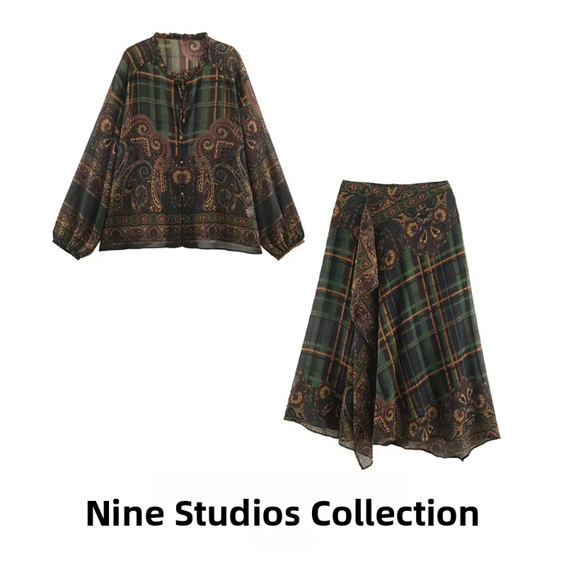Casual Loose Floral Print Shirt Skirt Set Women's Fashion Ensemble Long Sleeve Regular Length Four Seasons Graded Size Available