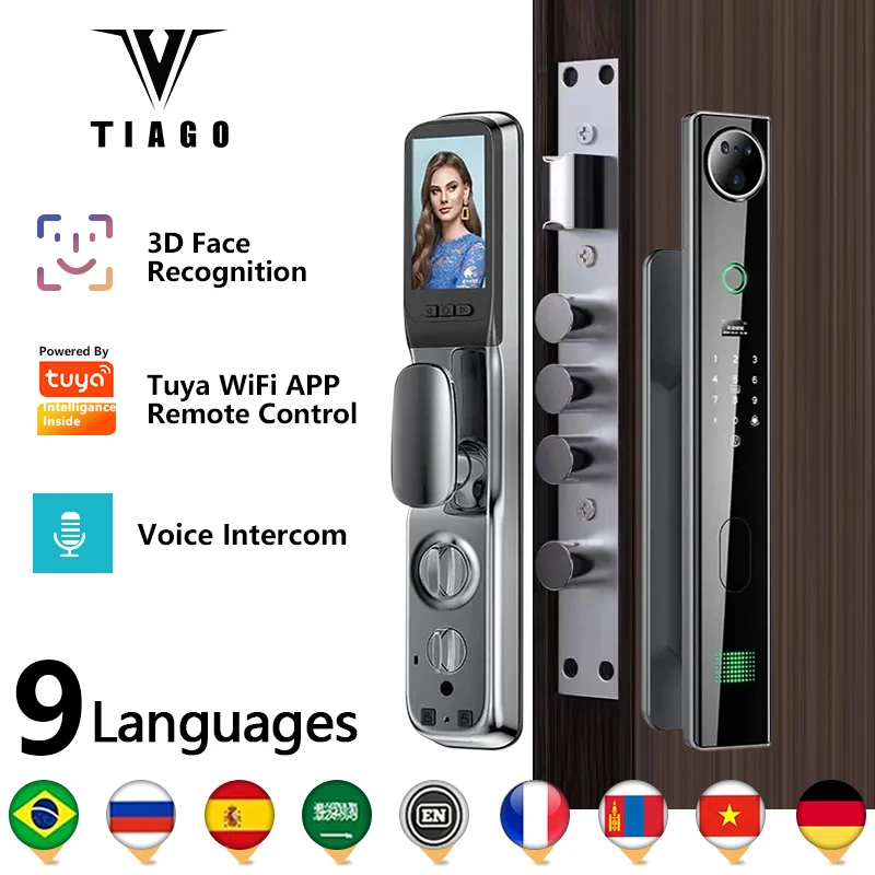 Imagem -01 - Face Real-time Intercom Smart Door Lock Câmera de Segurança Wifi Impressão Digital Inteligente Biométrico Eletrônico Senha Bloqueio 3d face real time intercom smart door lock camera de seguranca wifi impressao digital inteligente biometrico eletronico senha bloqueio 3d 01