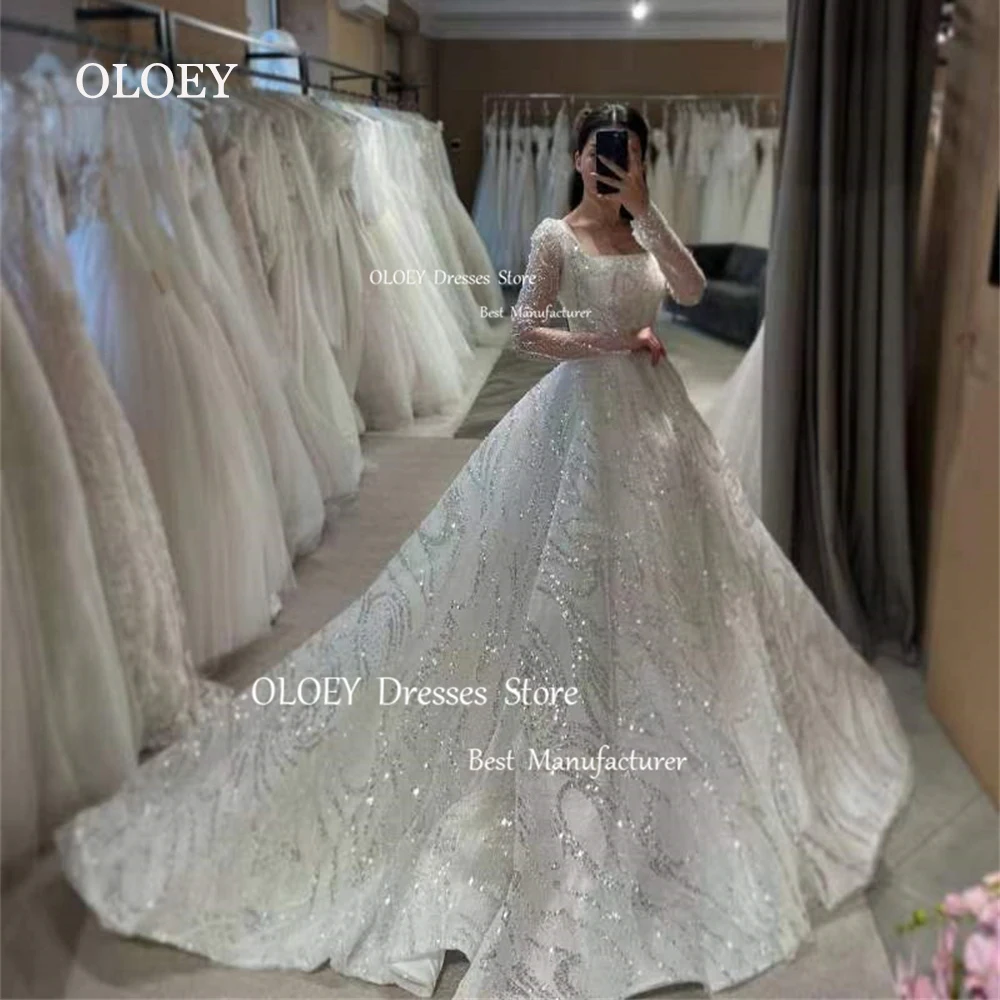 

OLOEY Exquisite White Lace Full Beads Lace A Line Wedding Dress Long Sleeves Square Collar Bridal Gown Floor Length Free Custom