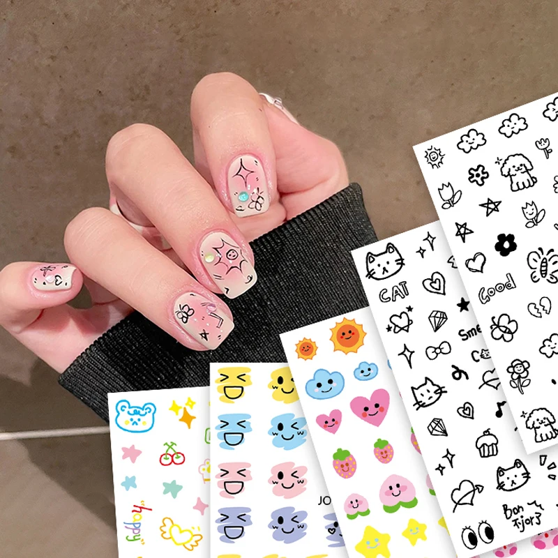 3D Kawaii Cartoon Nail Stickers Dog Cat Bear Bunny Simple Strokes Lines Sliders Cute Nail Art Sliders Decals Manicure Decoration