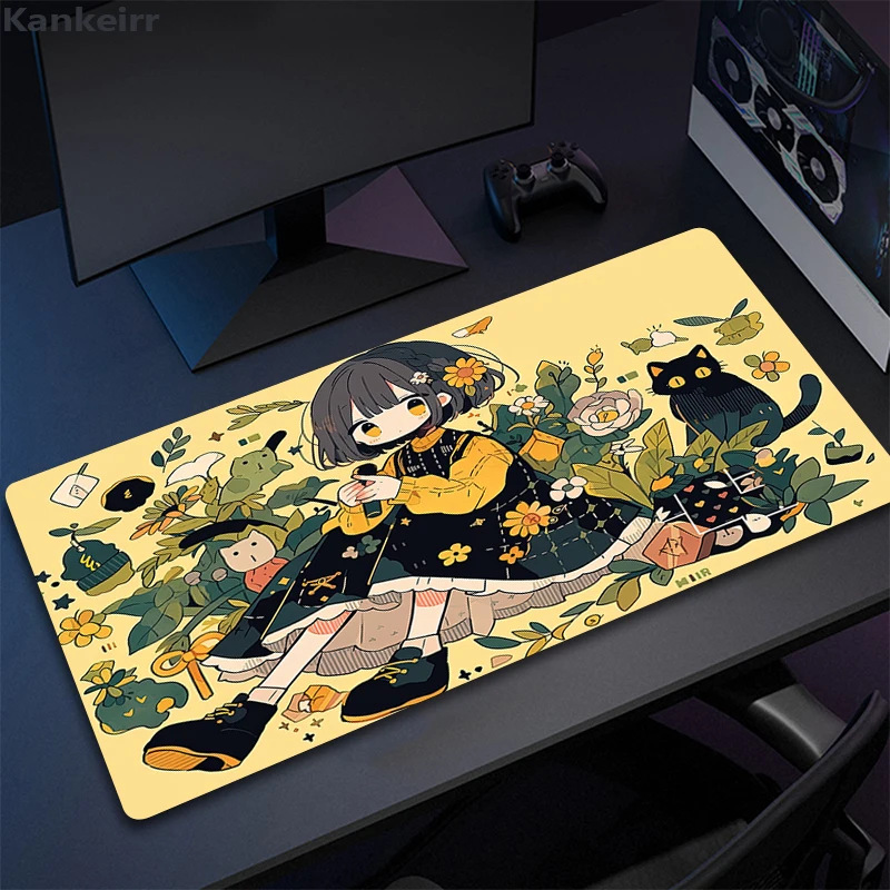 Kawaii Anime Girl Mouse Pad Large Gaming Adorable Mousepad Cat Rubber Mouse Mat Locking Edge Keyboard Mat Non-Slip Desk Mat XXL