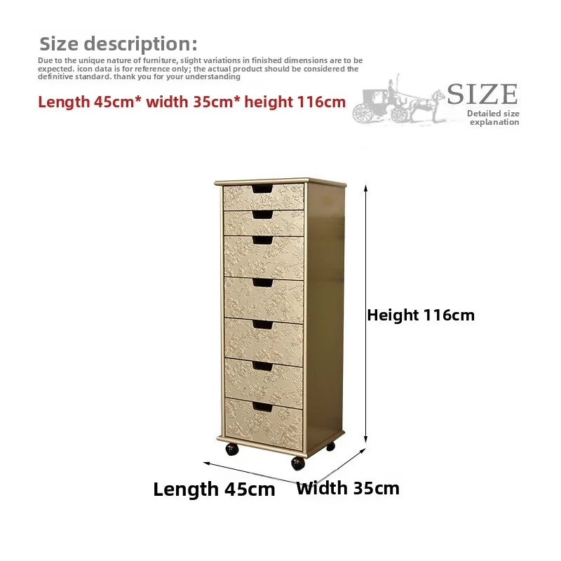 French Champagne Gold Embossed Seven Bucket Wheeled Removable Narrow Drawer Cabinet