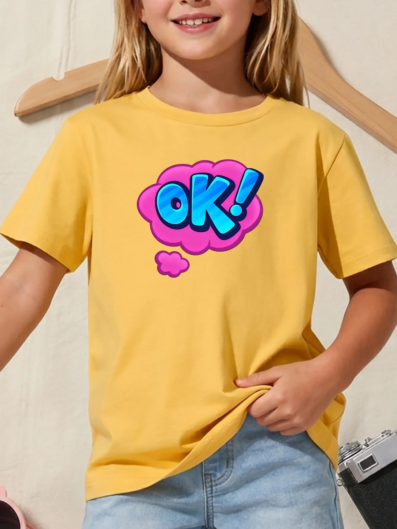 Cartoon OK Speech Bubble Kids Tee Pop Art Letter Graphic Print Boys Girls Family Matching Cotton Short Sleeve Children Tshirt