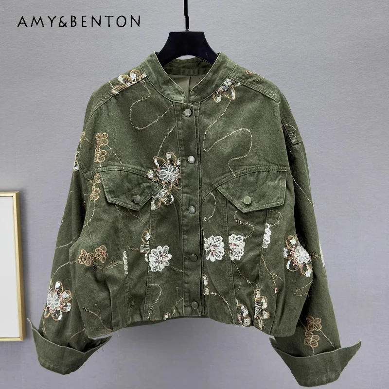 

Spring 2026 New Women's Clothing Retro Design Sweet Cool Fashion Loose Slimming Versatile Embroidered Sequin Denim Jacket Ladies