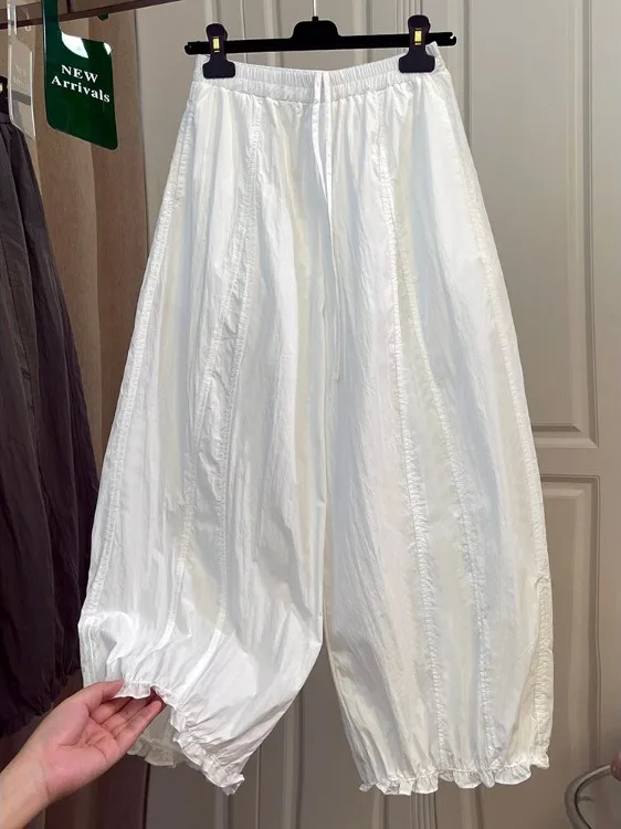 Calças Lanternas Leves de Perna Larga para Mulheres, Casuais de Verão, Calças de Nove Pontos, Estilo Balão, Cintura Alta e El...