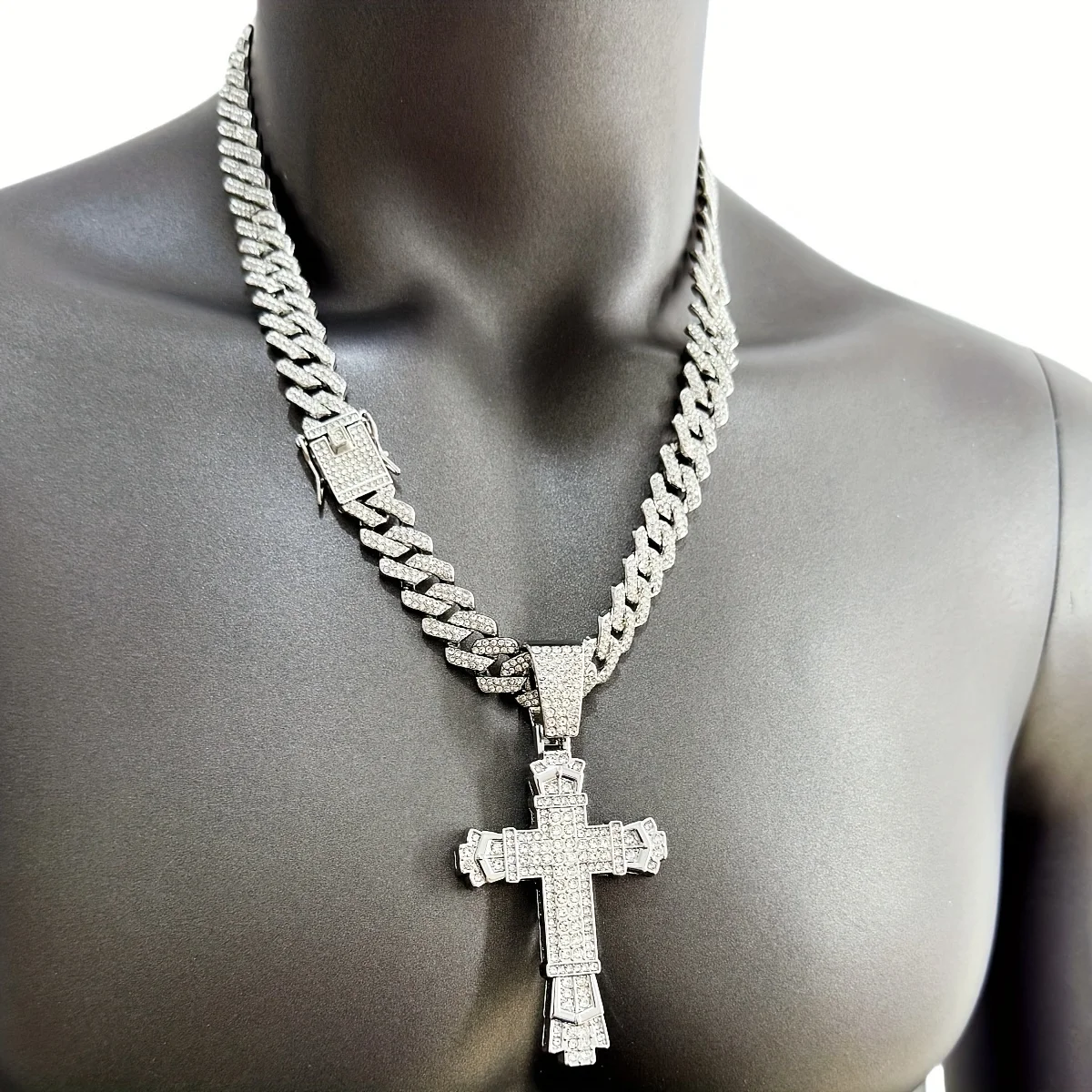 18k Heavy 3D Pendant Thickened Cross Large Hole Buckle Diamond Cuban Chain 14mm Wide Necklace