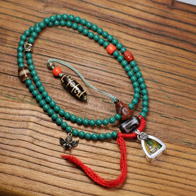 Tibetan-style Gahu box Buddha pendant sweater chain with tiger Dzi bead camel bone three-way connector Pekornio bi